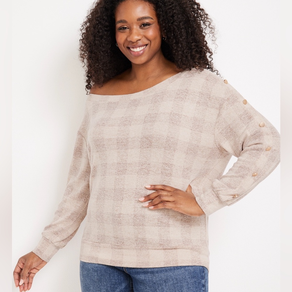Maurices 3X Plus Size Plaid‎ Button Sleeve Dolman Tee Cozy Fabric Boat Neck